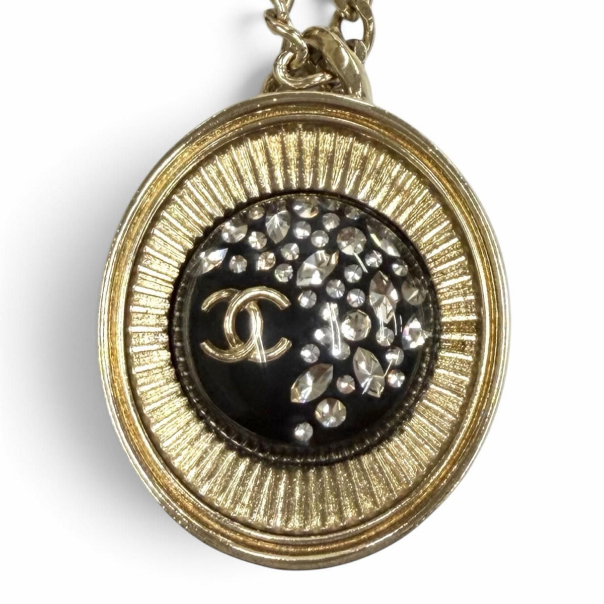 Chanel CC Logo Rhinestone Chain Pendant Gold Black
