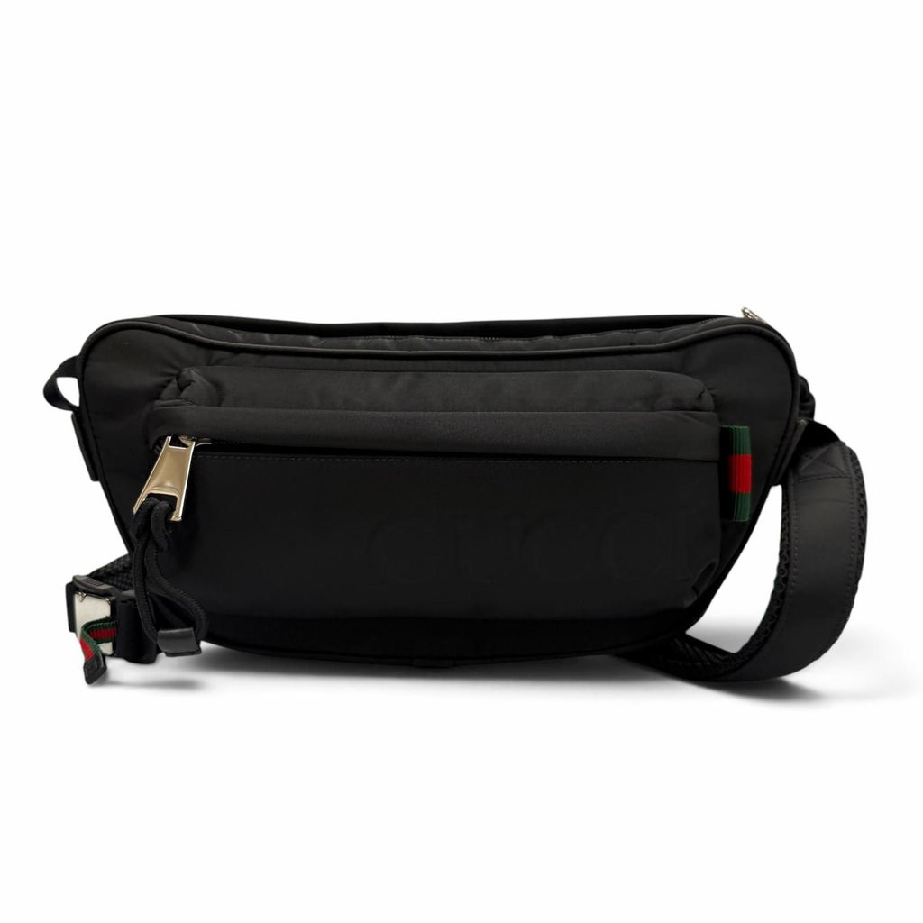 Gucci Web Line Nylon Leather Embossed Logo Shoulder Bag Black