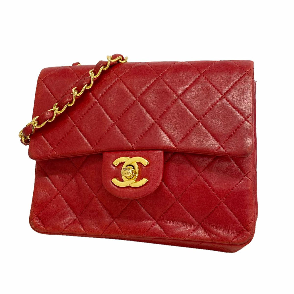 Chanel Shoulder Bag Mini Quilted Lambskin Red Gold