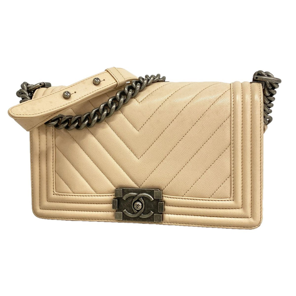 Chanel Shoulder Bag Boy Chevron Caviar Leather Beige Silver