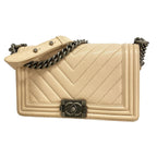 Chanel Shoulder Bag Boy Chevron Caviar Leather Beige Silver