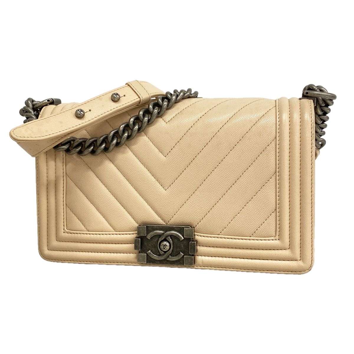 Chanel Shoulder Bag Boy Chevron Caviar Leather Beige Silver