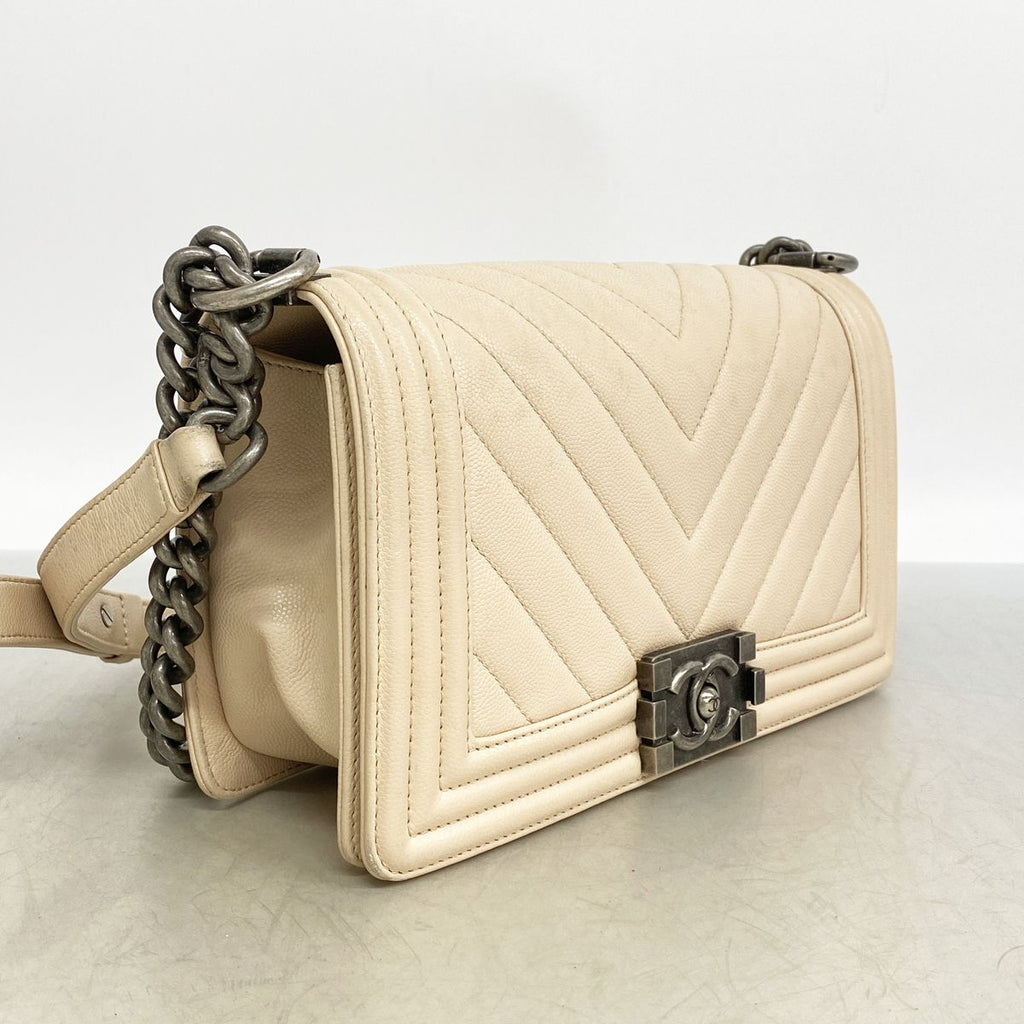 Chanel Shoulder Bag Boy Chevron Caviar Leather Beige Silver — view 2