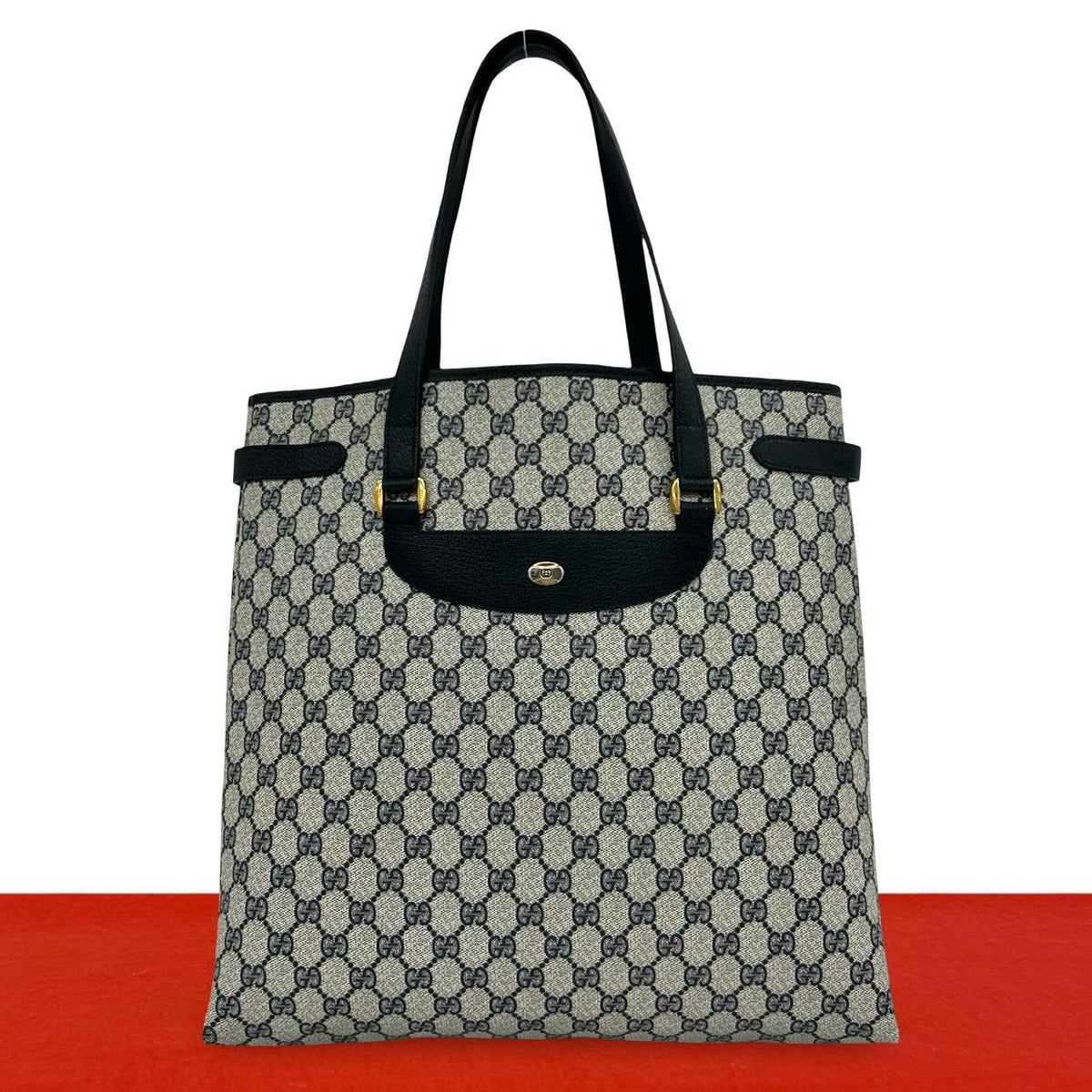 Gucci Vintage GG Logo Pattern Leather Tote Shoulder Bag Navy