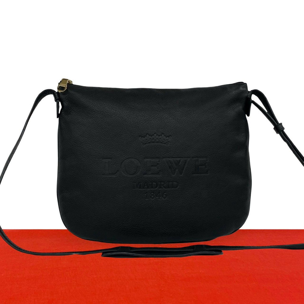Loewe Heritage Logo Stamp Leather Shoulder Bag Crossbody Pochette Black