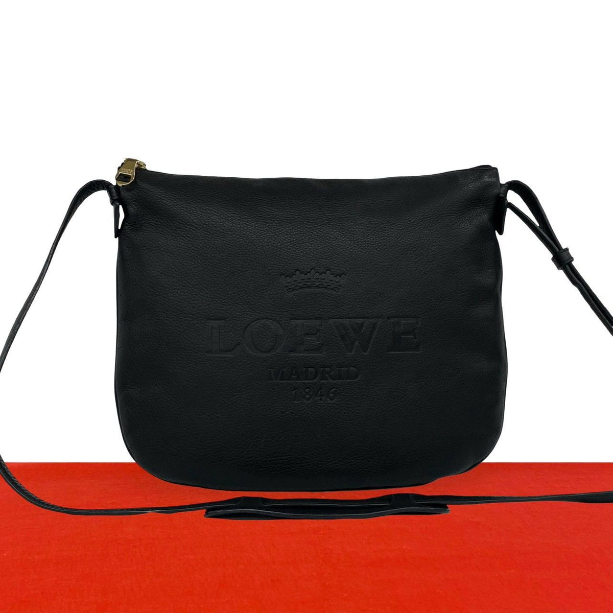 Loewe Heritage Logo Stamp Leather Shoulder Bag Crossbody Pochette Black