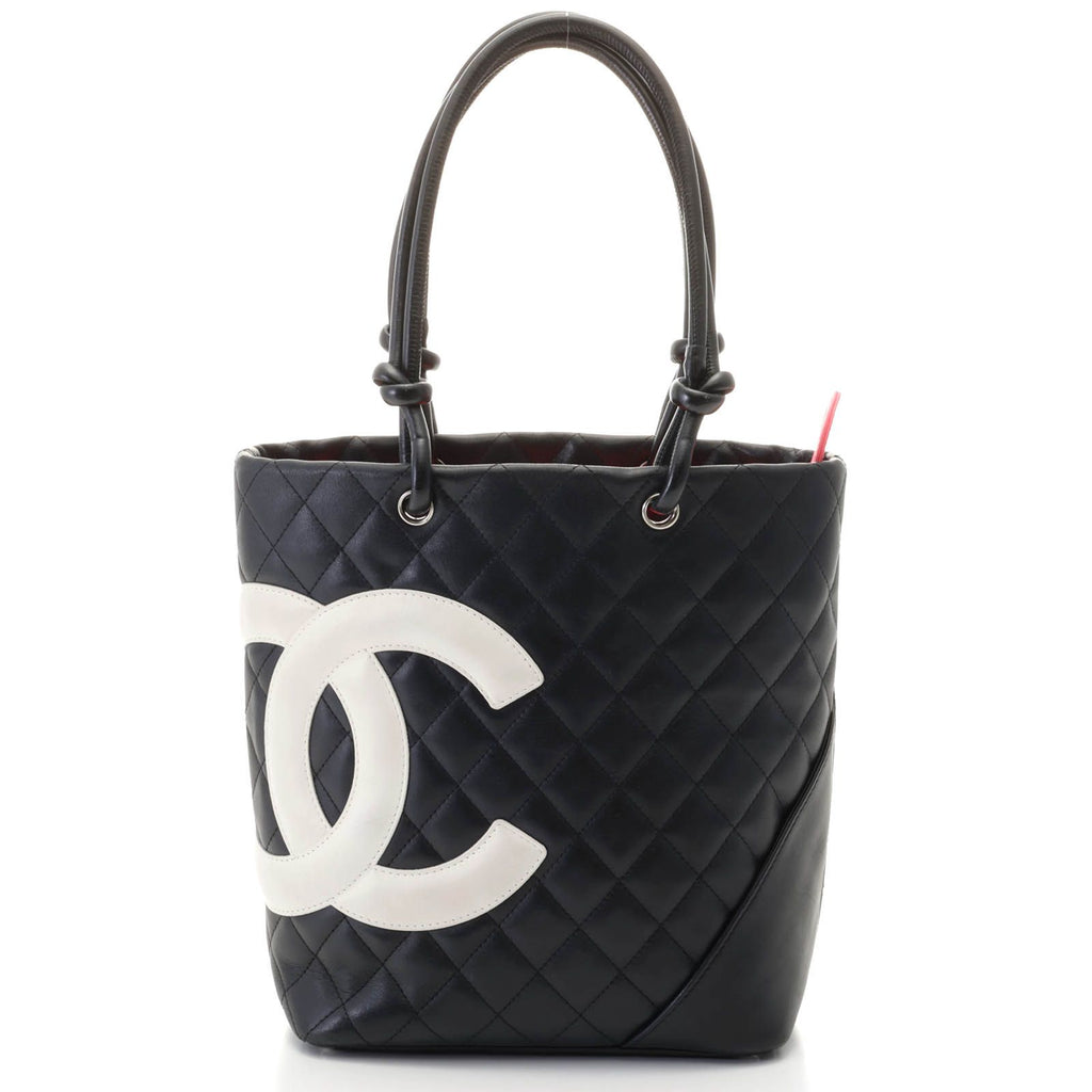 Chanel Cambon Line Medium Tote Handbag Calfskin Black White Silver