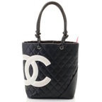 Chanel Cambon Line Medium Tote Handbag Calfskin Black White Silver