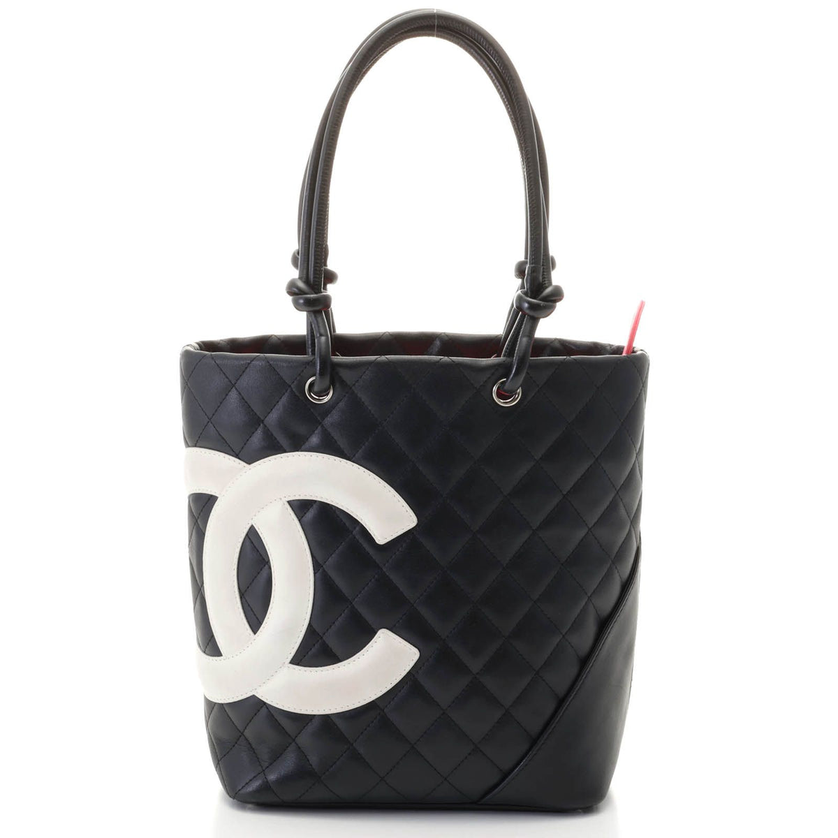 Chanel Cambon Line Medium Tote Handbag Calfskin Black White Silver