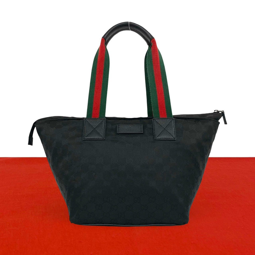 Gucci Sherry Line GG Pattern Logo Nylon Leather Tote Shoulder Bag Black