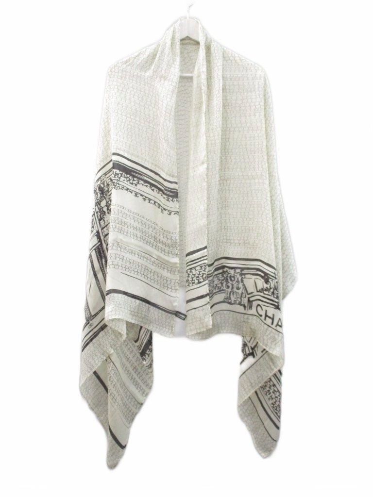 Chanel Shawl Cambon Street Silk Large Scarf CC Logo Print Ivory