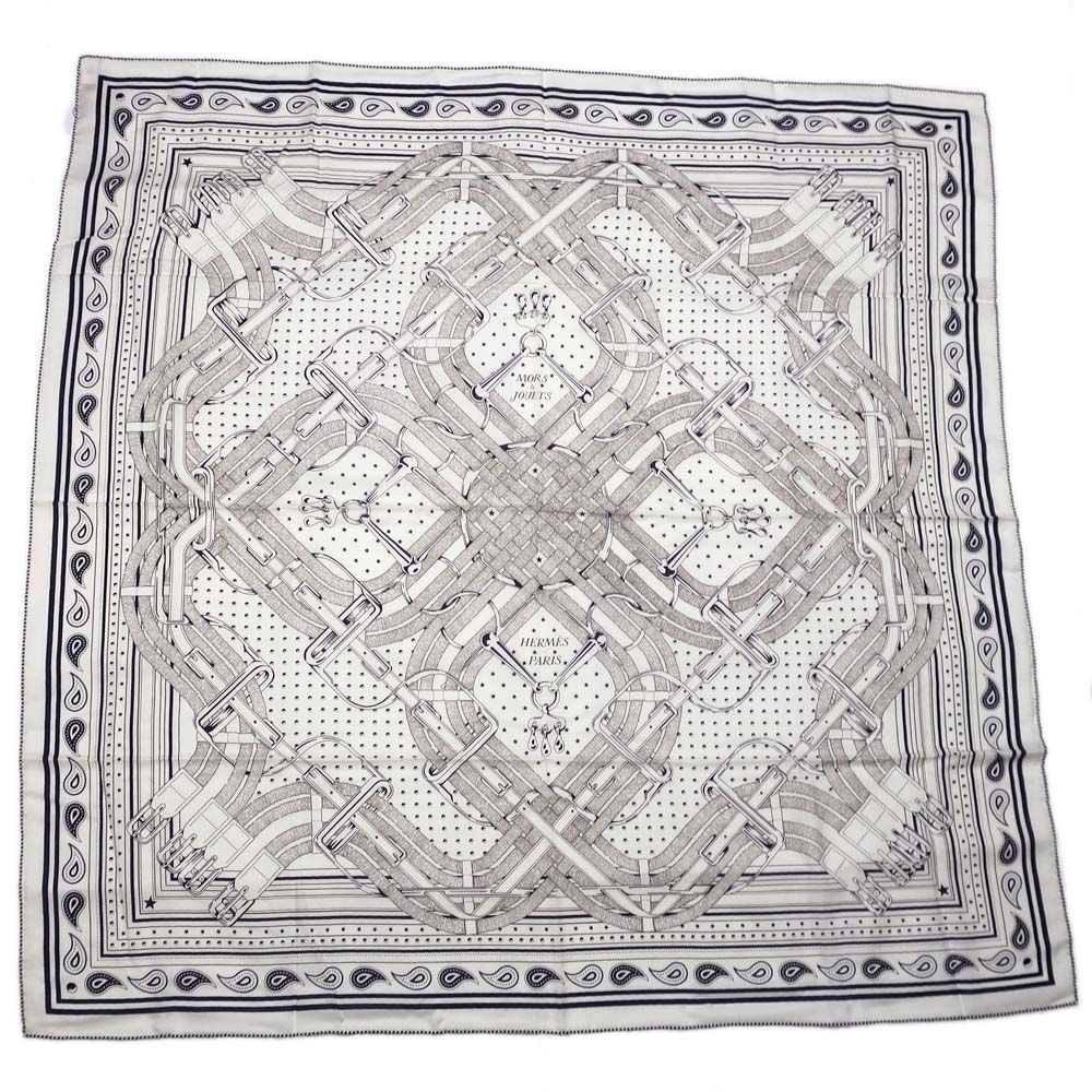 Hermes Carre 140 Mors a Jouets Bandana White Shawl Cashmere Silk Scarf
