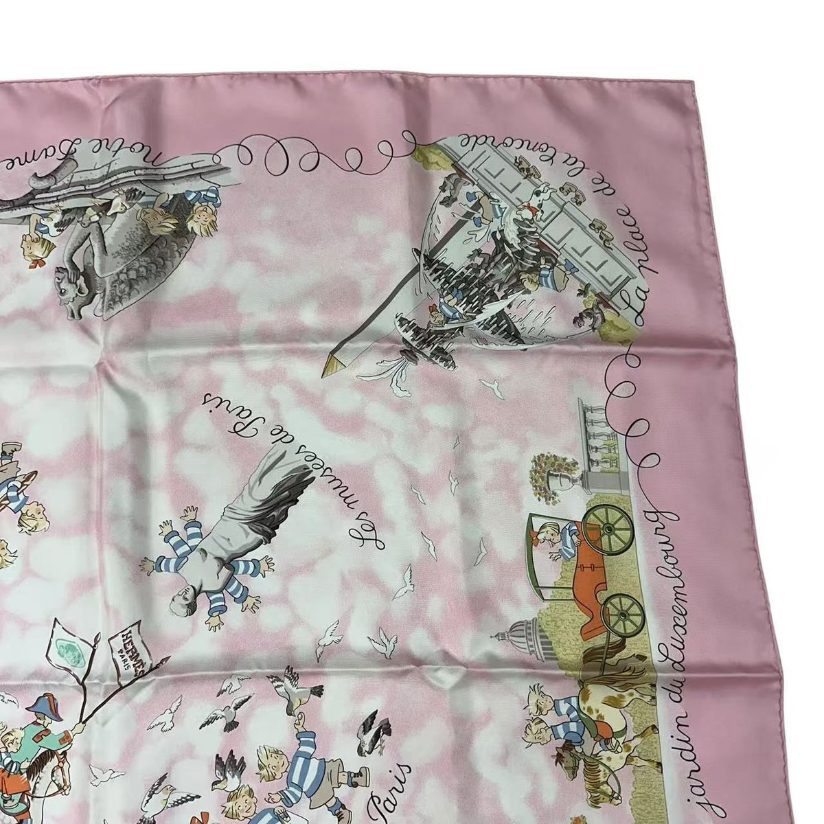 Hermes Scarf Silk Carre 90 les Triples de Paris Mischievous Triplets Pink — view 4