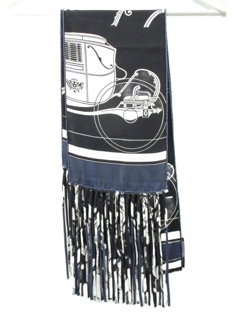 Hermes Fringe Scarf Shawl Ex-Libris Navy Silk