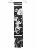 Hermes Fringe Scarf Shawl Ex-Libris Navy Silk — view 3