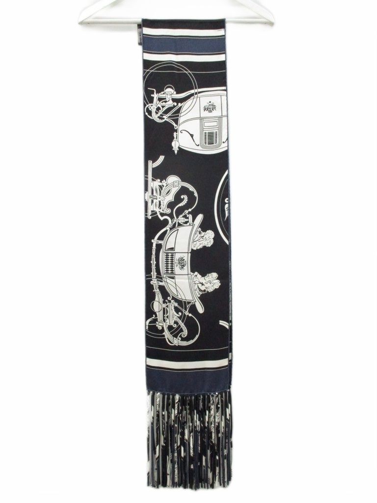 Hermes Fringe Scarf Shawl Ex-Libris Navy Silk — view 3