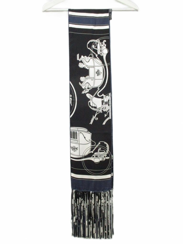 Hermes Fringe Scarf Shawl Ex-Libris Navy Silk — view 2