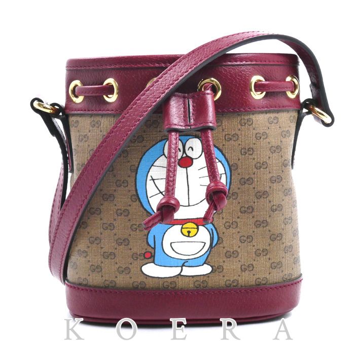 Gucci Doraemon Mini GG Supreme Shoulder Bag Beige Bordeaux Bucket