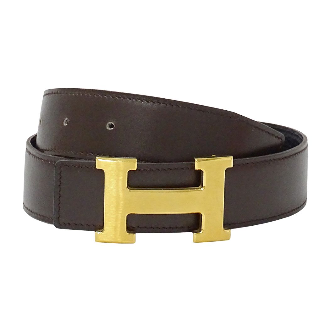 Hermes Belt H Leather Dark Brown Black Gold Reversible