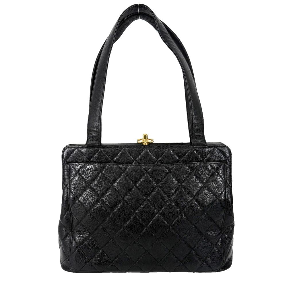 Chanel Tote Bag Quilted CC Logo Turnlock Shoulder Caviar Leather Black Gold