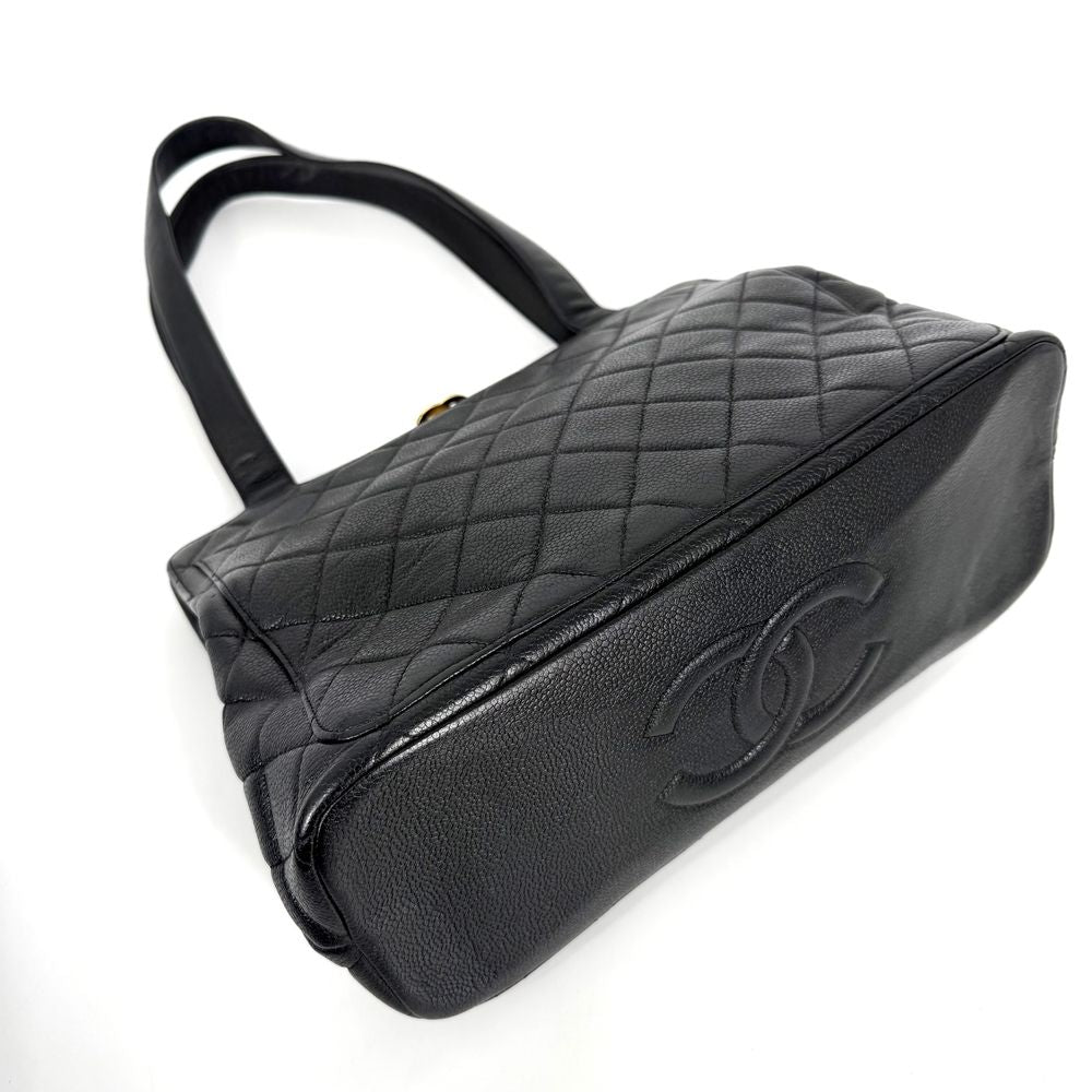 Chanel Tote Bag Quilted CC Logo Turnlock Shoulder Caviar Leather Black Gold — view 3