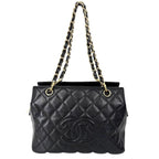 Chanel Tote Quilted Chain Handbag Shoulder CC Logo Caviar Leather Black Gold