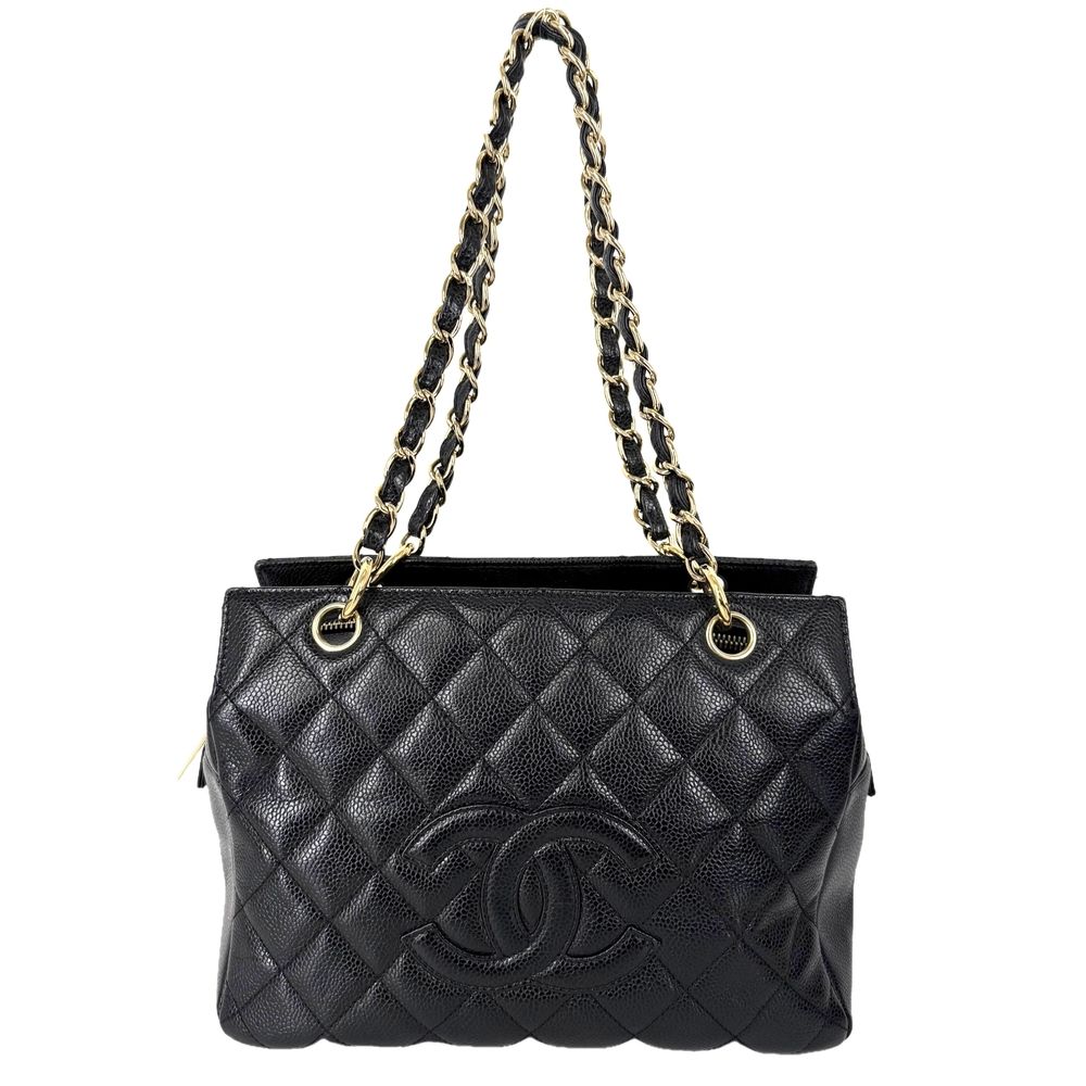 Chanel Tote Quilted Chain Handbag Shoulder CC Logo Caviar Leather Black Gold