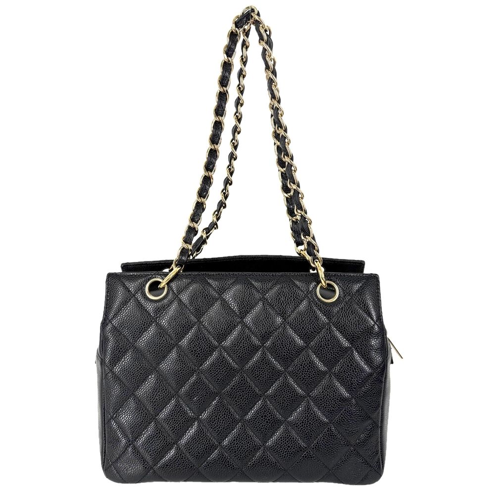 Chanel Tote Quilted Chain Handbag Shoulder CC Logo Caviar Leather Black Gold — view 2