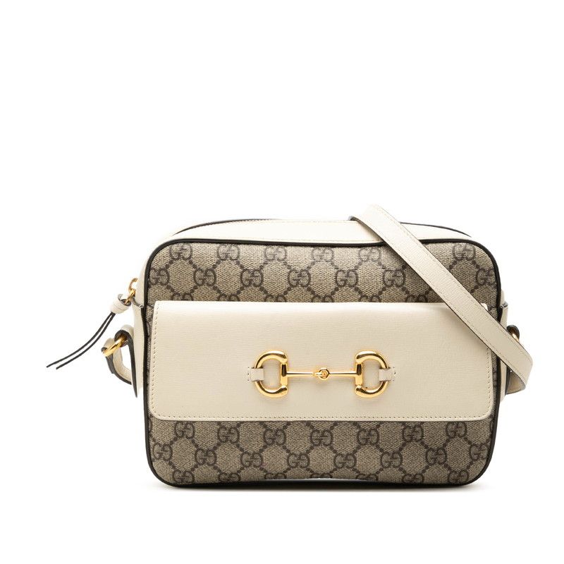 Gucci GG Supreme Horsebit Crossbody Shoulder Bag Beige White Leather