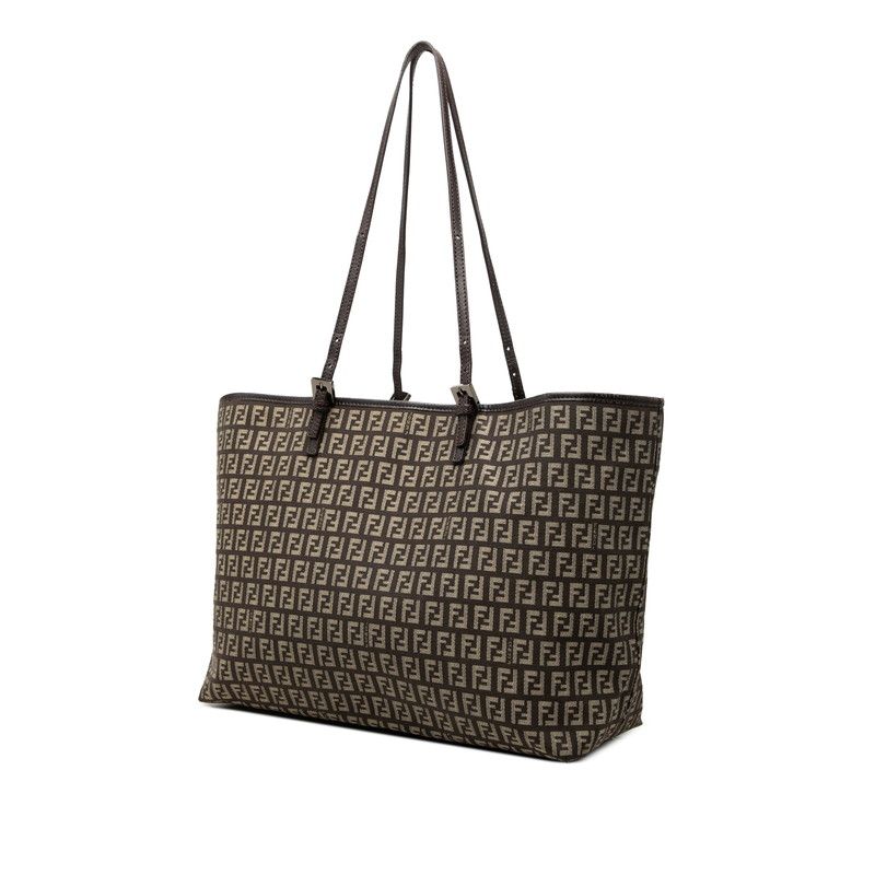Fendi Zucchino Tote Shoulder Bag Brown Beige Canvas Leather — view 2