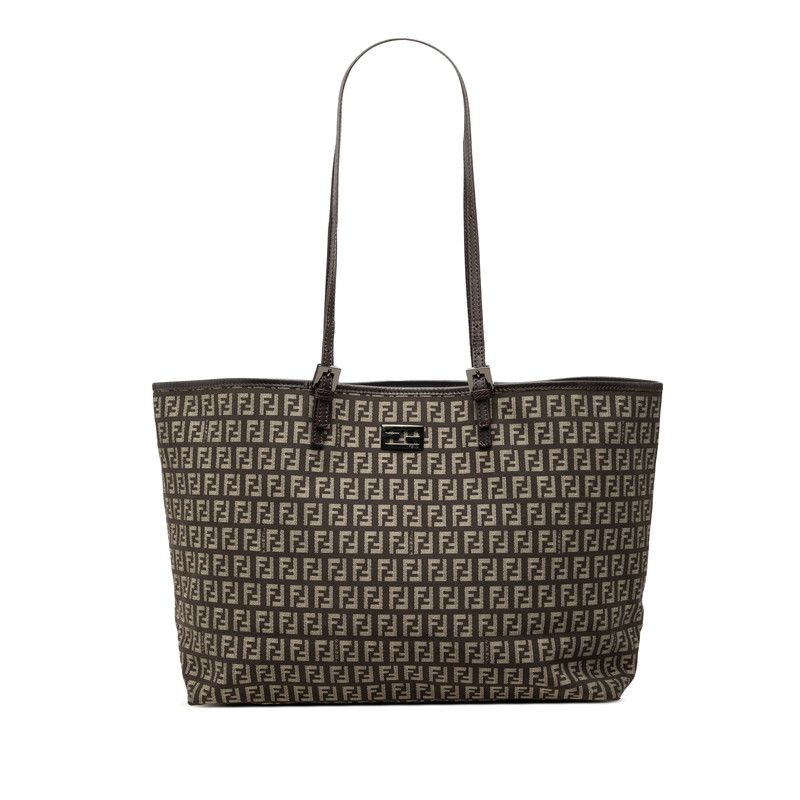 Fendi Zucchino Tote Shoulder Bag Brown Beige Canvas Leather