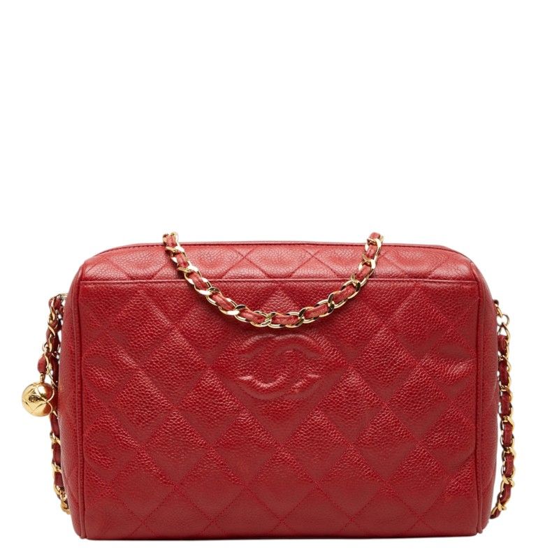 Chanel Quilted CC Logo Crossbody Chain Shoulder Bag Red Caviar Leather