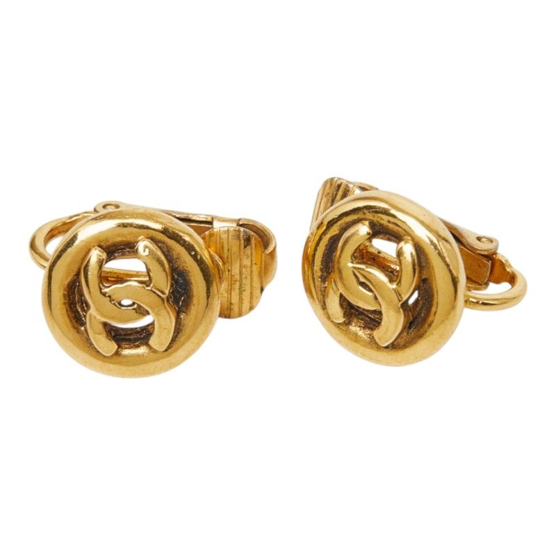 Chanel CC Logo Round Motif Earrings Ear Clip Gold Plated