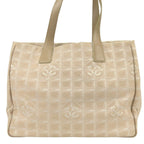 Chanel Tote New Travel Line MM Jacquard Nylon Leather Beige Silver Shoulder Bag