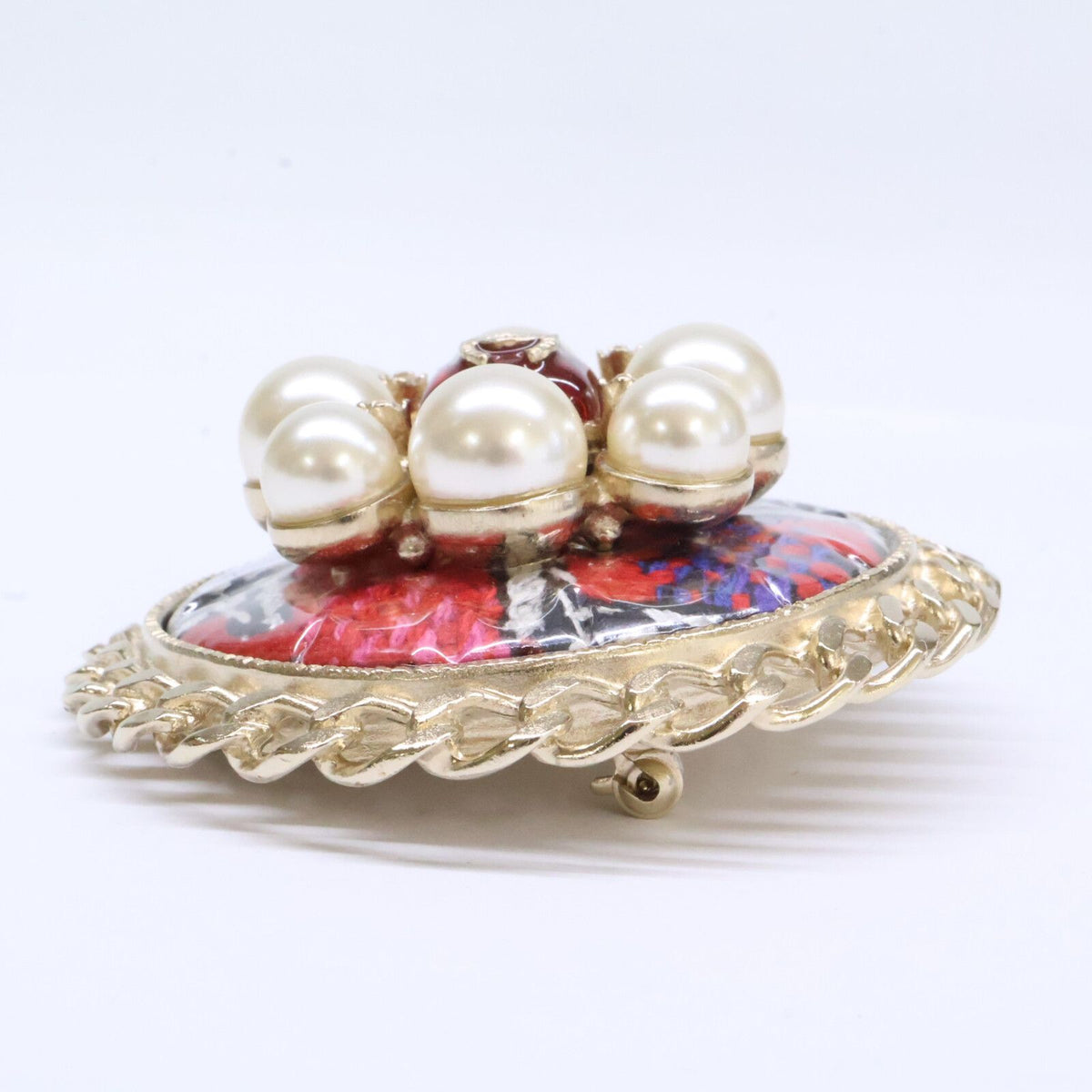 Chanel Gripoix Pearl Tweed CC Logo Round Brooch — view 2