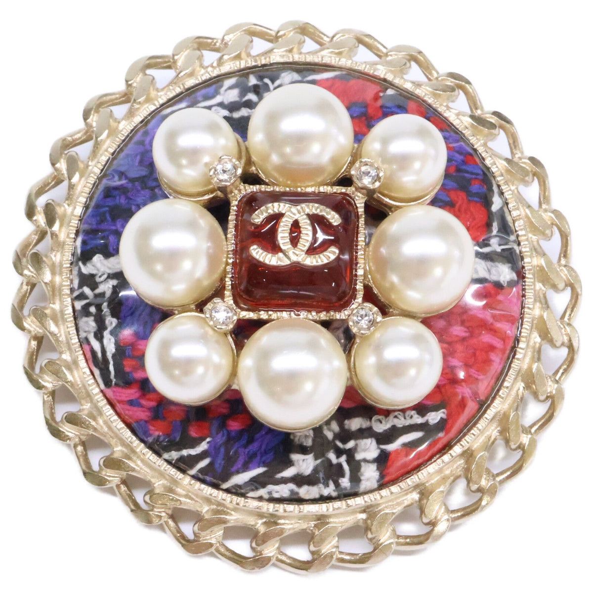Chanel Gripoix Pearl Tweed CC Logo Round Brooch