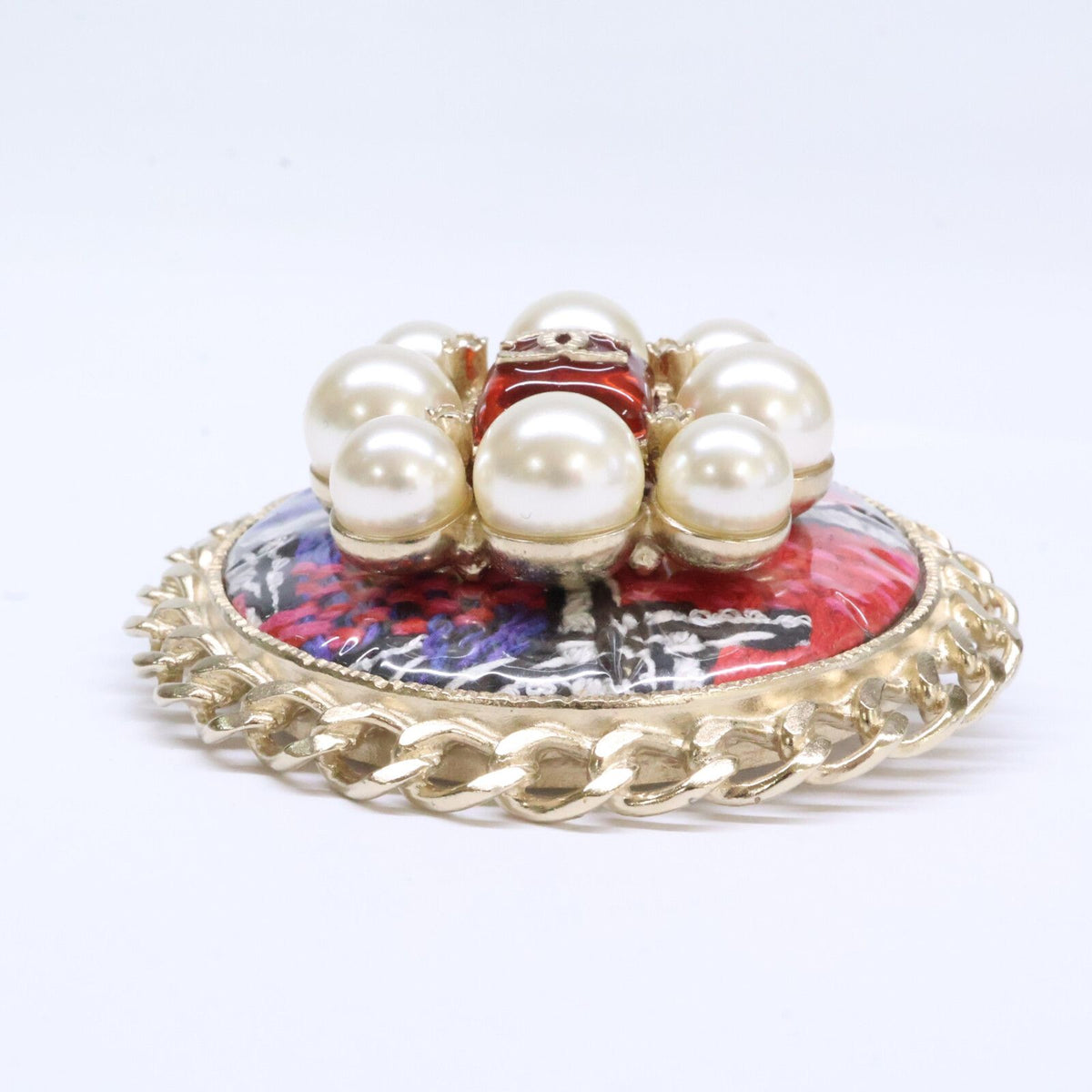 Chanel Gripoix Pearl Tweed CC Logo Round Brooch — view 3
