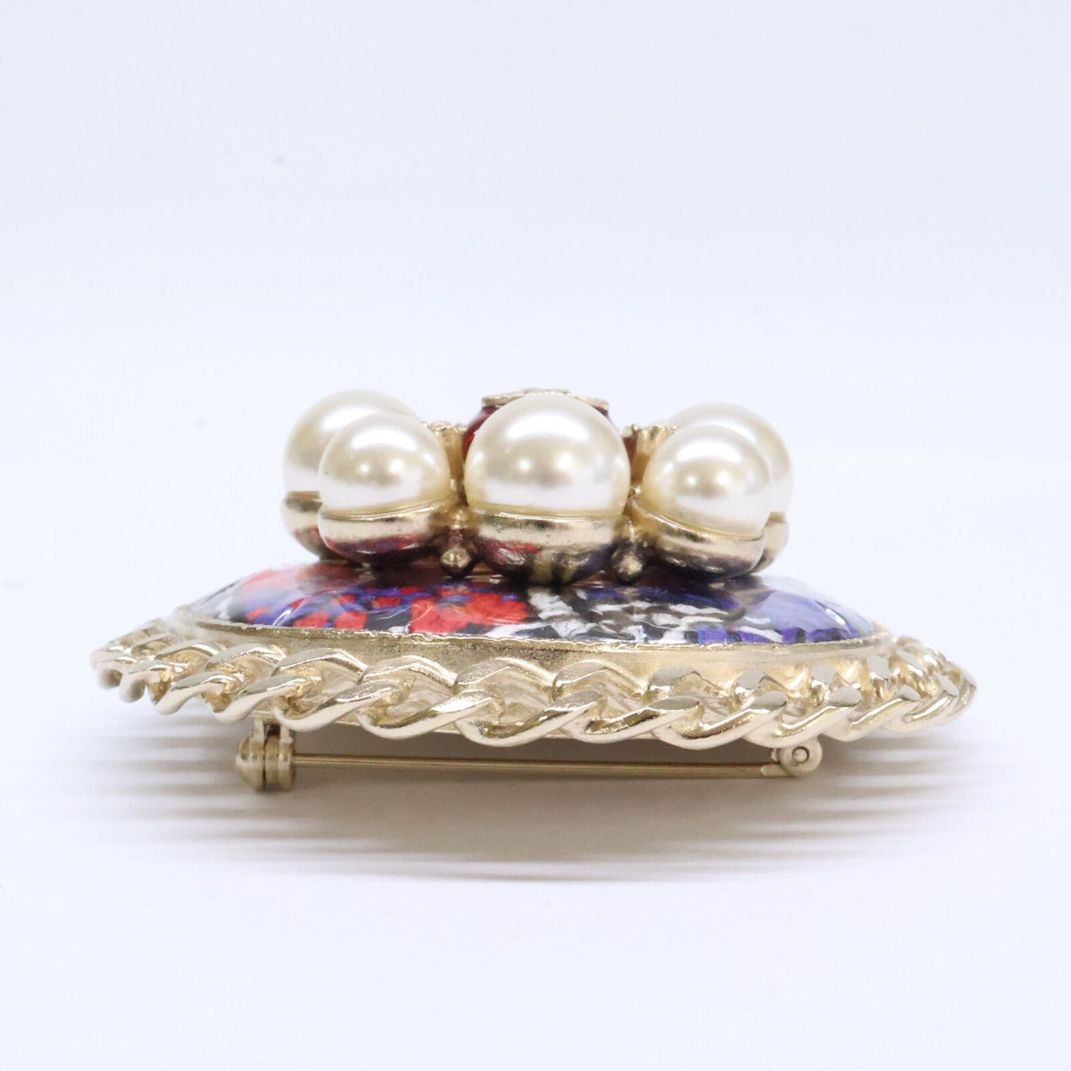 Chanel Gripoix Pearl Tweed CC Logo Round Brooch — view 5
