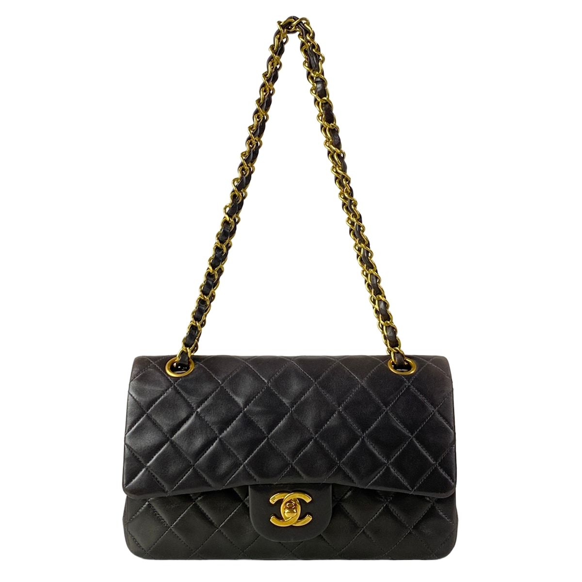 Chanel Shoulder Bag Double Flap Quilted Black Gold Chain Lambskin