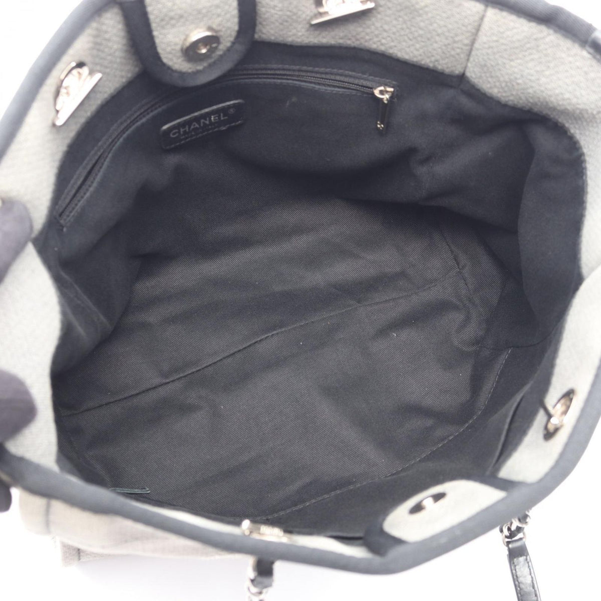 Chanel Tote Bag Deauville Gray White Black Canvas 2-Way Chain MM — view 3