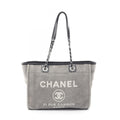 Chanel Tote Bag Deauville Gray White Black Canvas 2-Way Chain MM