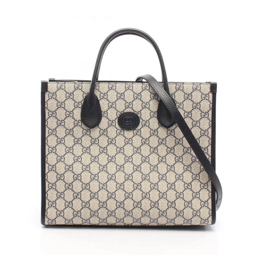 Gucci Tote Bag GG Supreme 2-Way Navy Ivory Leather Small