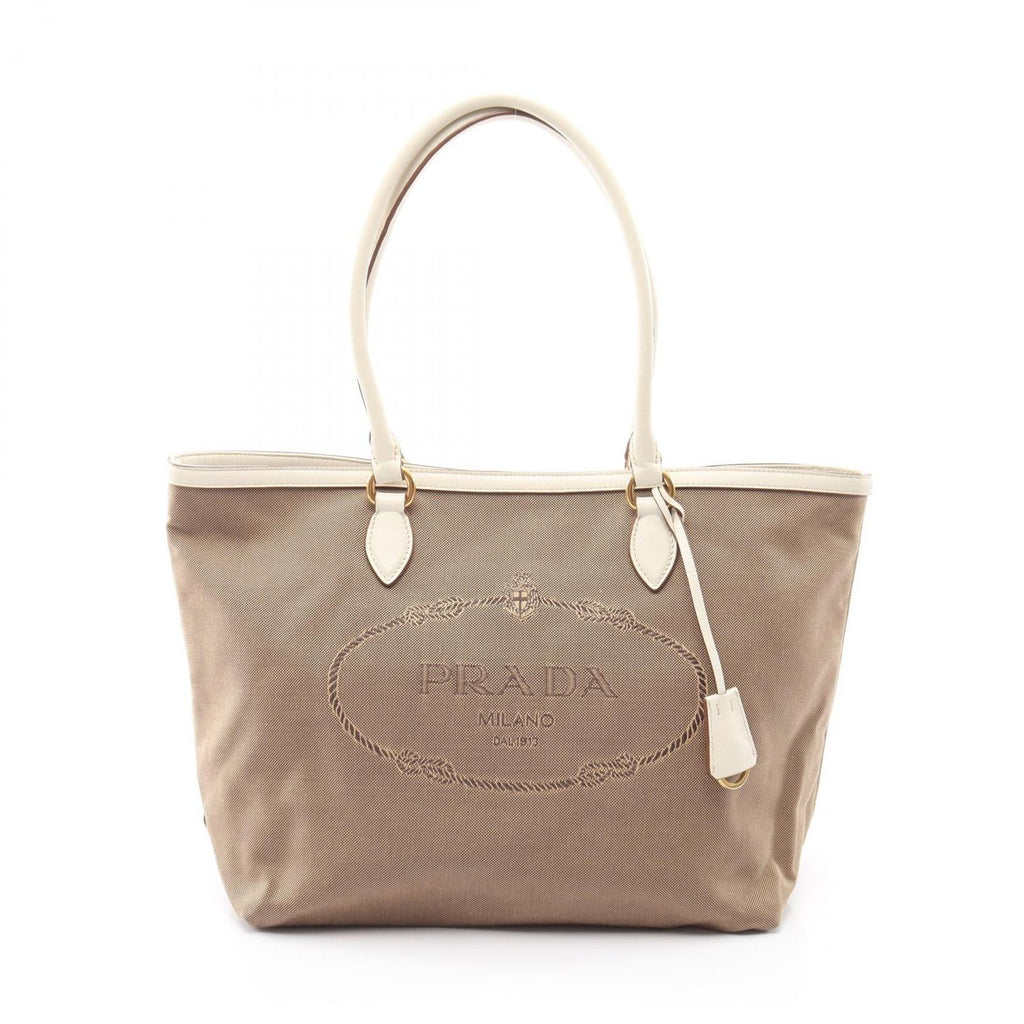 Prada Tote Bag Logo Jacquard Beige Brown White Canvas Leather