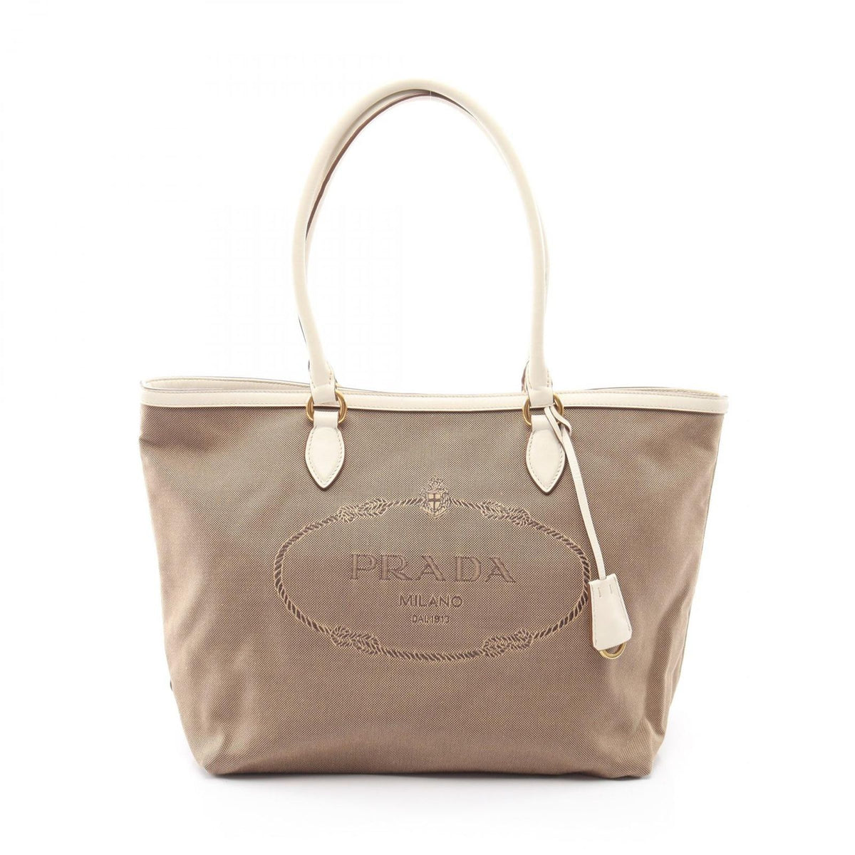 Prada Tote Bag Logo Jacquard Beige Brown White Canvas Leather