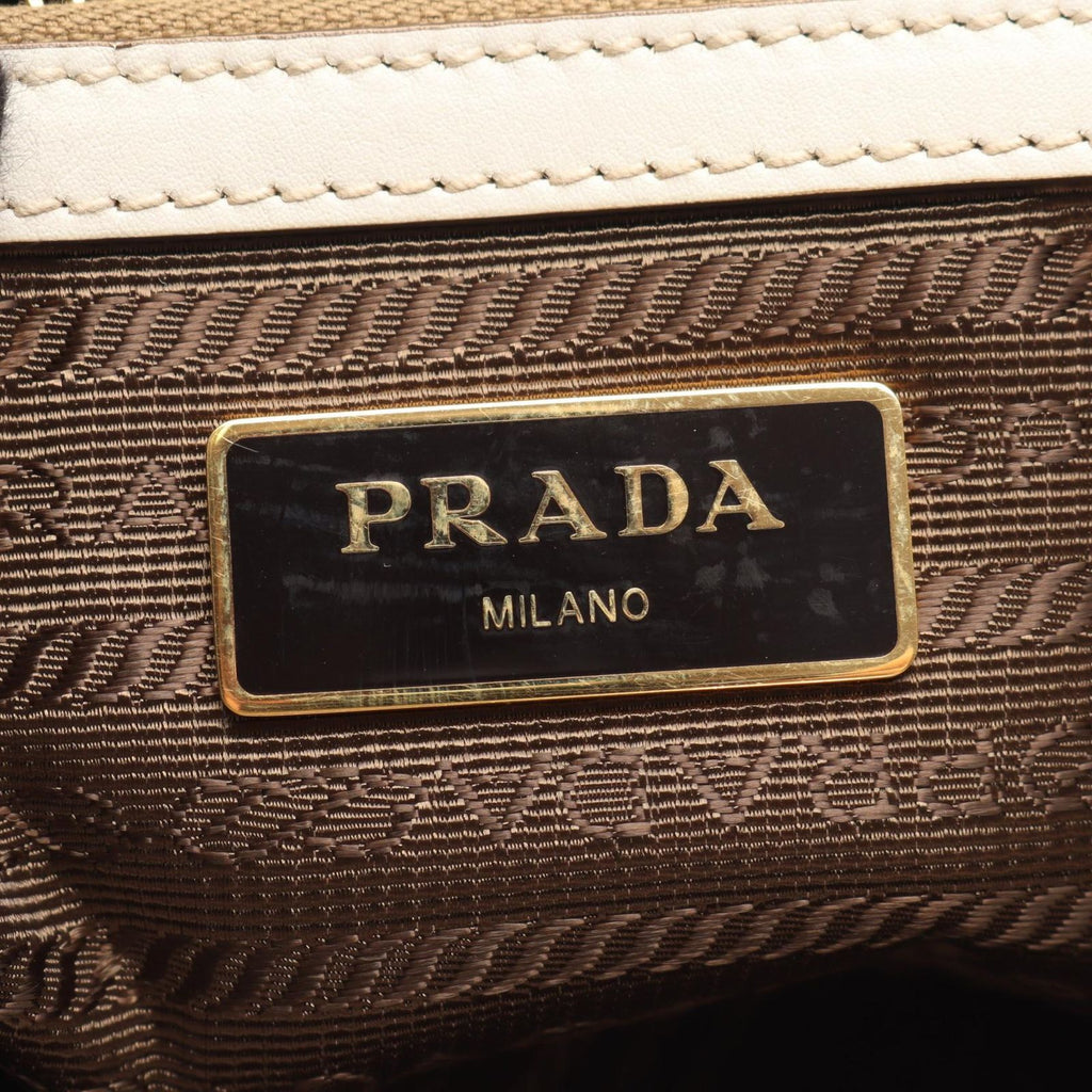 Prada Tote Bag Logo Jacquard Beige Brown White Canvas Leather — view 4