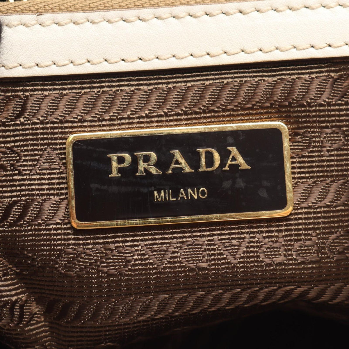 Prada Tote Bag Logo Jacquard Beige Brown White Canvas Leather — view 4