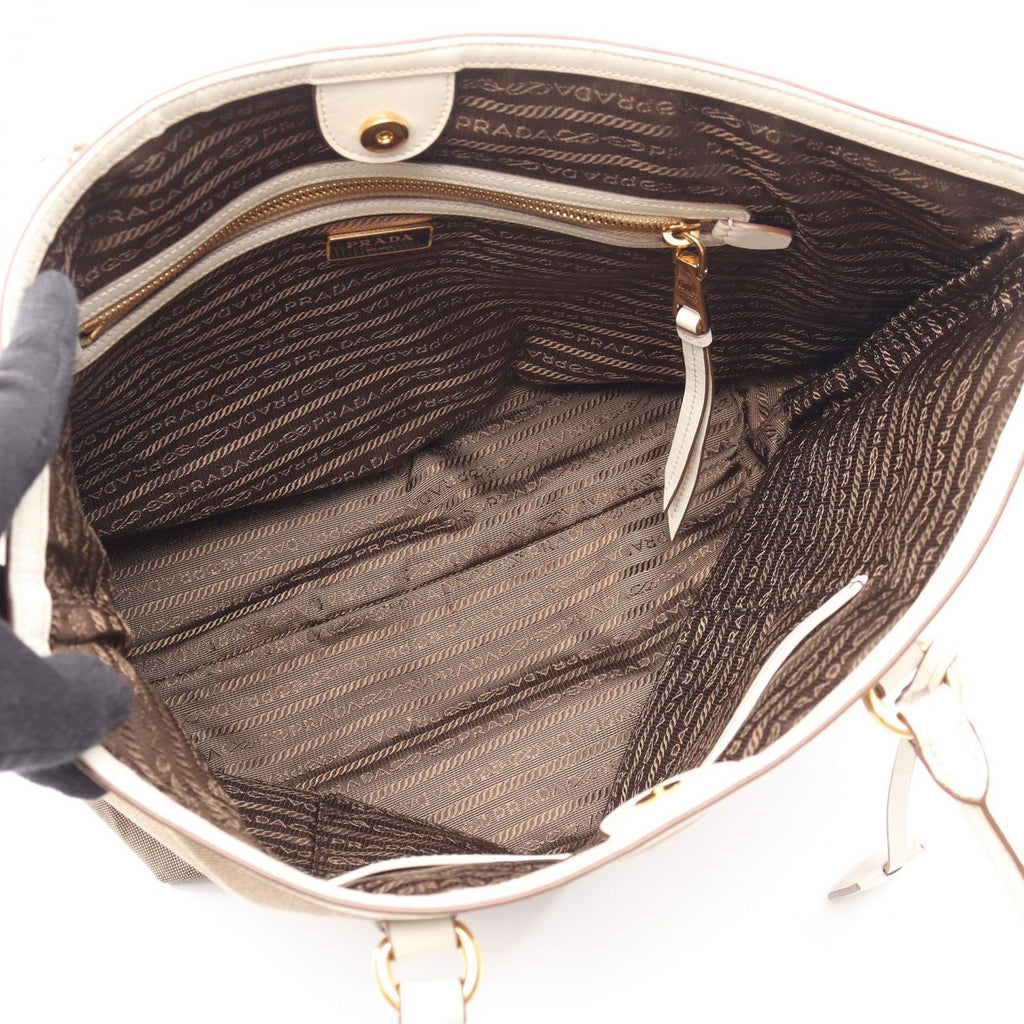 Prada Tote Bag Logo Jacquard Beige Brown White Canvas Leather — view 3