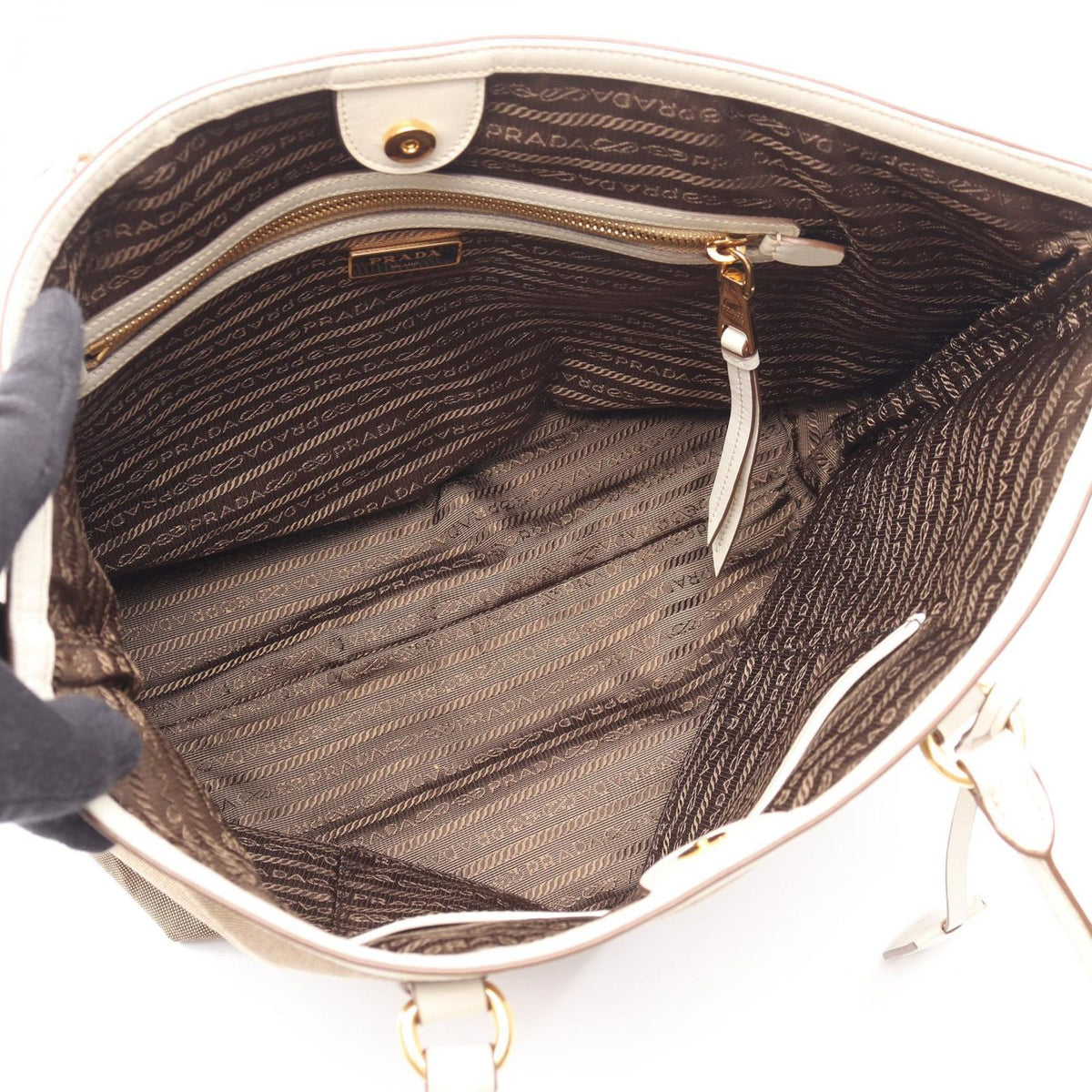 Prada Tote Bag Logo Jacquard Beige Brown White Canvas Leather — view 3