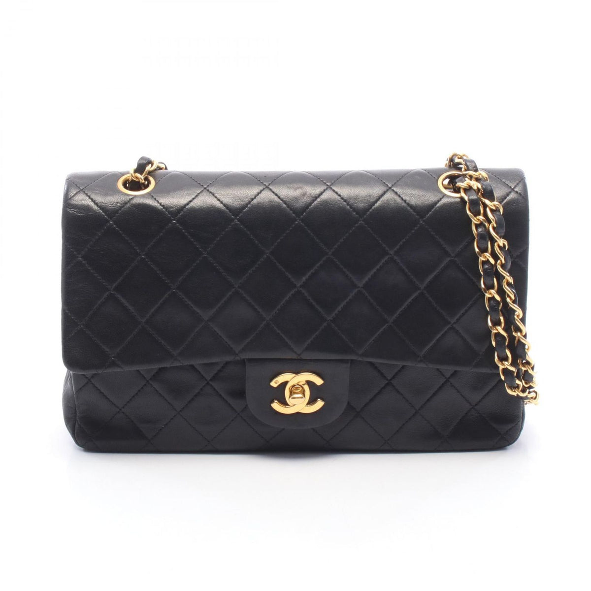 Chanel Shoulder Bag Quilted Double Flap Black Lambskin Chain