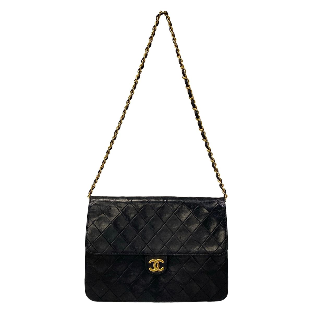 Chanel Shoulder Bag Quilted Black Chain Gold Push Lock Flap Lambskin